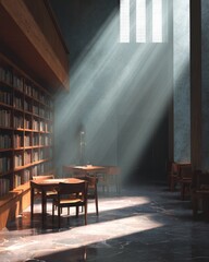 Library interior with sunlight streaming through windows symbolizing knowledge, peace, and focus.