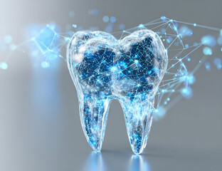 Digital dental tooth model with blue glowing particles representing health and technology in dentistry.