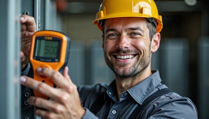 Smiling man holding electrical tester in professional workplace atmosphere