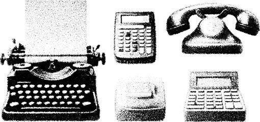 Vintage typewriter, telephone, and calculator in black silhouette. Engraving illustration with retro equipment, vector set for design.