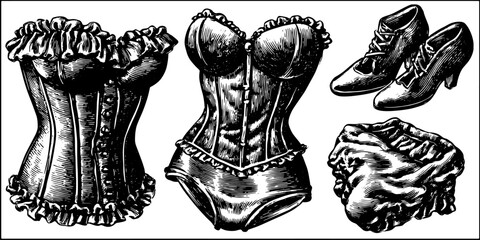 Vintage corset and shoes in engraving style. Hand-drawn black outline illustration set showcasing classic fashion apparel.