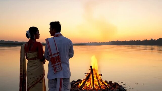 Couple Observing Magh Bihu Bonfire at Sunrise, Traditional Assamese Festival Celebration by the River
