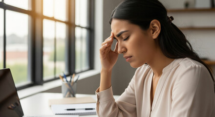 Obraz premium Young professional woman suffering from a severe headache, overwhelmed by work-related stress and mental fatigue in her modern office