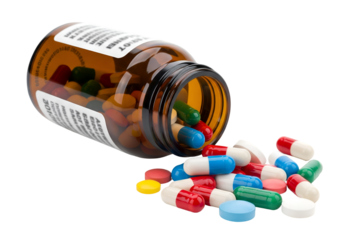 A transparent bottle with various colorful pills and capsules spilled out on a white background. Concept of healthcare and medical treatment