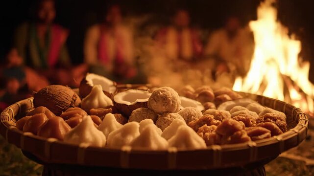 Festive Delights Celebrating Magh Bihu with Traditional Assamese Sweets around Bonfire at Night, Reflecting Rich Cultural Heritage