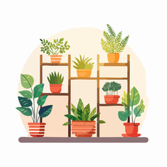 Indoor Plant Collection Decorative Potted Plants on Shelves Illustration