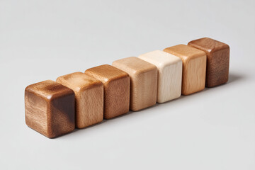 Wooden Cubes in Gradating Shades: A set of seven wood cubes displays a spectrum of natural wood tones in a neat, orderly row.
