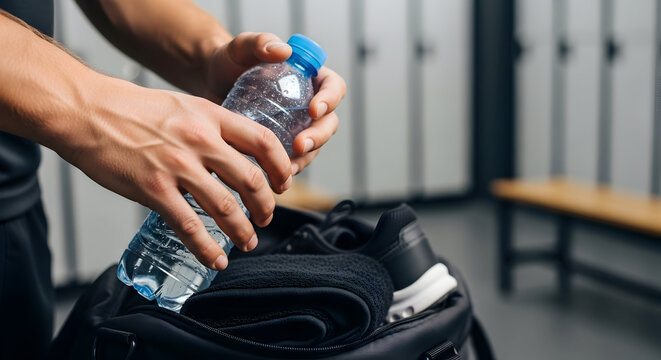 Hands Opening a Water Bottle Before a Workout in a Locker Room with Athletic Gear and a Towel in a Sports Environment
