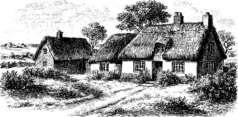 Engraving of two vintage cottages in a rural landscape. Detailed black outline illustration showcasing traditional architecture in a scenic setting.