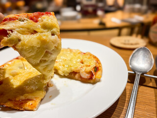 アメリカスタイルのピザ。チーズとトマトソースがかかっているシンプルなピザ。