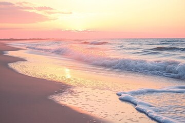 Serene beach at sunset, soft waves washing onto the shore, warm golden and pink hues filling the sky