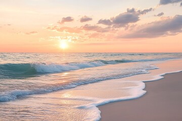 Serene beach at sunset, soft waves washing onto the shore, warm golden and pink hues filling the sky
