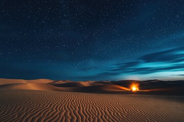 Vast desert dunes under a starry night sky, glowing campfire in the distance, peaceful and cinematic setting