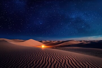 Vast desert dunes under a starry night sky, glowing campfire in the distance, peaceful and cinematic setting