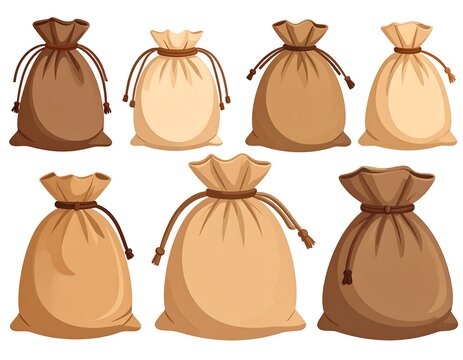 Collection of eight drawn sacks, tied at the top with a string