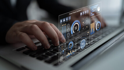 Fototapeta premium Smart home dashboard manages IoT system. Smart home dashboard controls temperature, dashboard tracks energy, smart home handles devices, and smart home dashboard monitors data. Latch