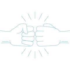 Two teal outlined hands performing a fist bump with radiating lines indicating connection and success on a transparent white background symbolizing partnership and agreement