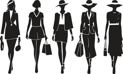 Elegant Various Fashion Silhouette Women Walking Illustration.