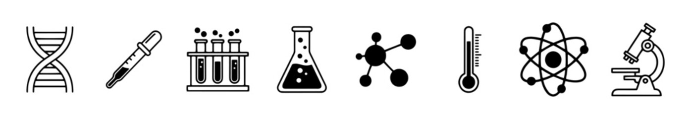 Science vector icons set, lab equipment illustration, chemistry icon and research symbol collection