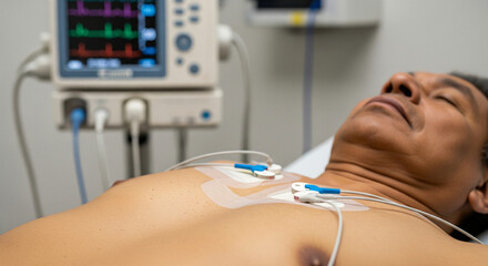 Mature male patient undergoing comprehensive vital sign monitoring with advanced medical equipment in a sterile healthcare facility, focusing on heart rate and physiological assessment