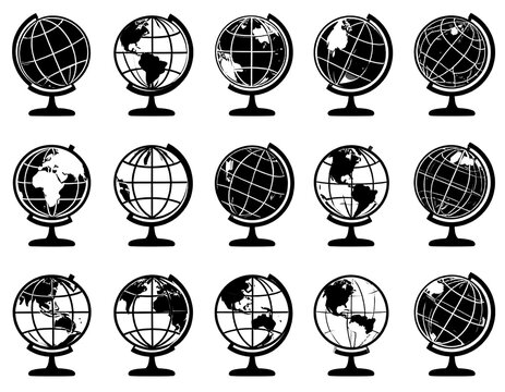 Collection of fifteen black and white globe illustrations on white background