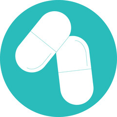 Two white capsule pills inside a teal circle with a transparent background symbolizing medicine and healthcare for health and wellness