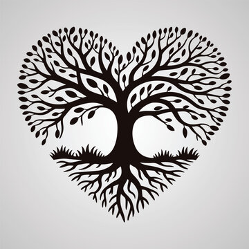 Black heart shaped tree silhouette with roots and grass on light grey background vector