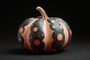 Whimsical pumpkin with dark blue abstract design and orange striping, perfect for seasonal celebrations and artistic displays.