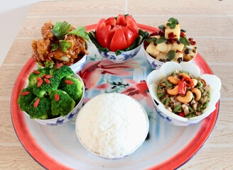A variety of delicious vegetable foods, symmetrical in Chinese style, for offering to Buddha