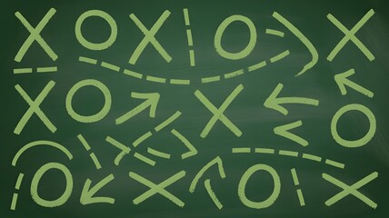 Abstract Strategy and Planning Board with X's, O's, Arrows, and Dashed Lines on a Chalkboard