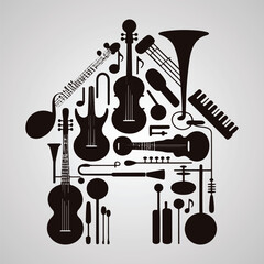 Obraz premium Silhouette house shape formed by various musical instruments and notes vector