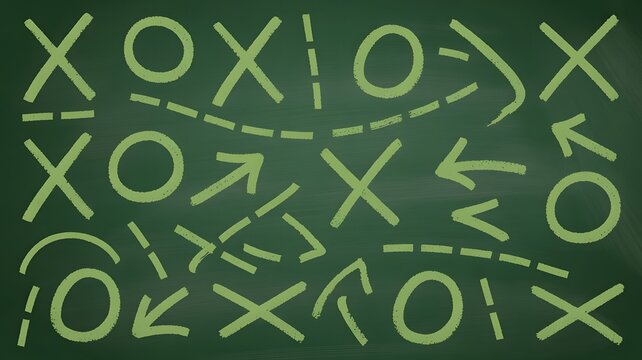 Abstract Strategy and Planning Board with X's, O's, Arrows, and Dashed Lines on a Chalkboard