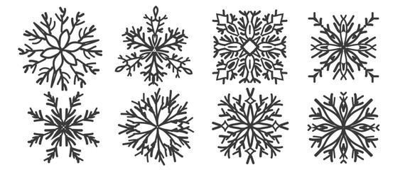 Snowflakes doodle hand drawn set. Winter season frozen elements. Christmas snowy symbols. Vector simple ice crystal shapes illustration isolated on transparent background.