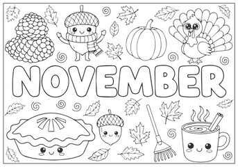 November Themed Cute Coloring Page Book for Kids and Adults - Fun Autumn Activity for All Ages