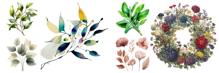 Diverse floral and herbal arrangement featuring botanical elements, including wreaths, branches, and leaves on transparent background