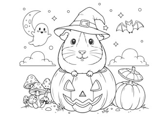 Halloween coloring page book featuring a guinea pig in a witch hat inside a carved pumpkin with spooky elements