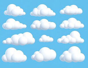 Collection of fluffy, white, three-dimensional cartoon clouds on a blue sky