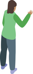 Female character is making a hand gesture while looking away, isometric vector illustration