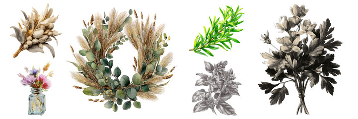 Elegant assortment of floral elements featuring wreaths, bouquets, and leafy branches, perfect for artistic compositions on transparent background.
