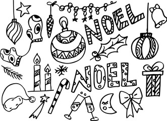 Hand-drawn Noël Christmas doodles with baubles, candles, candy canes, and festive elements in black and white sketch style with copy space