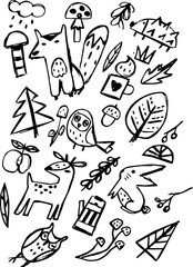 Hand-drawn autumn doodles with animals, mushrooms, leaves, and nature elements in black and white sketch style with copy space