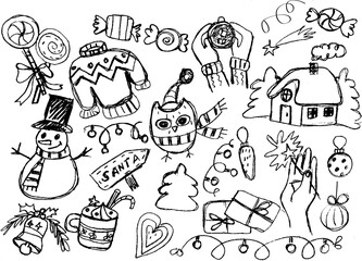 Hand-drawn Christmas doodles with Santa, owls, sweaters, candy, gifts, and festive decorations in black and white sketch style with copy space