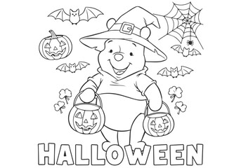 Halloween illustration line art coloring page book with a friendly character wearing a witch hat, surrounded by pumpkins and bats, for fun autumn creative activity
