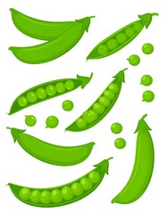 Collection of fresh, bright green pea pods and loose peas on white