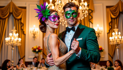 Elegant couple dancing at masquerade ball in luxurious ballroom  during Mardi Gras celebration
