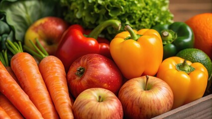 Fresh assortment of colorful vegetables and fruits arranged in a wooden crate, showcasing a healthy and vibrant selection.