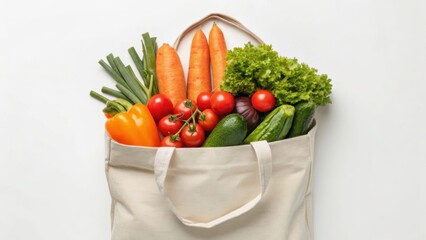 A reusable bag filled with fresh vegetables, including carrots, tomatoes, bell pepper, and zucchini, showcasing vibrant colors and healthy food choices.