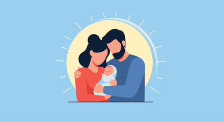 Family embraces newborn baby, celebrating new life and parenthood together.