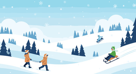 Children enjoying winter sledding down snowy hills.