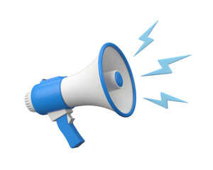 3d rendered blue and white megaphone emitting energy waves for announcements and promotions